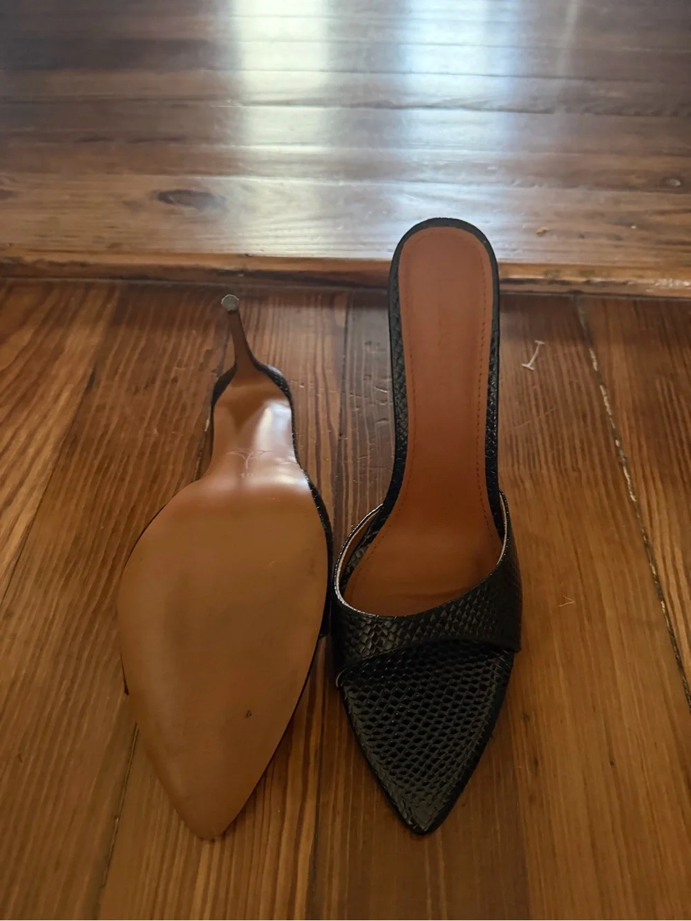 Black Textured Pointed-Toe Slip-On Heels